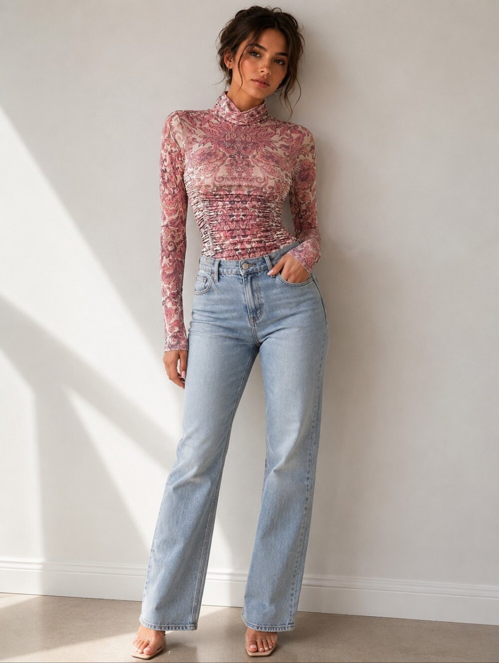 Free People Pink Paisley Ruched SHEER  Turtleneck Bodysuit